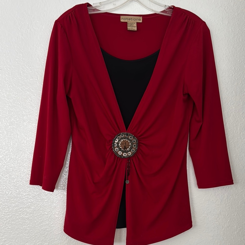Notations Red Ruched Embellished Blouse